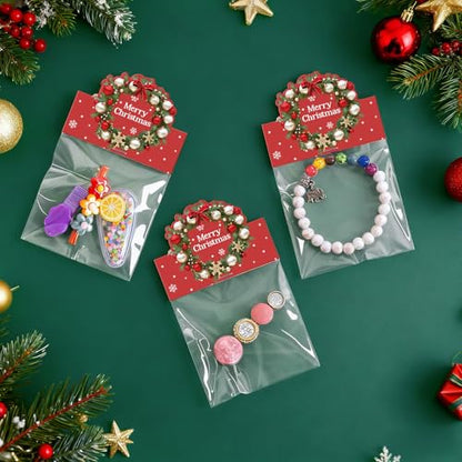 joycraft Jewelry Packaging for Small Business – 100Pcs OPP Clear Xmas Treat Bags with Merry Christmas Wreath Cards, Christmas Jewerly Display Bags Packaging for Selling, Party Favors, Holiday - color: Red with Garland