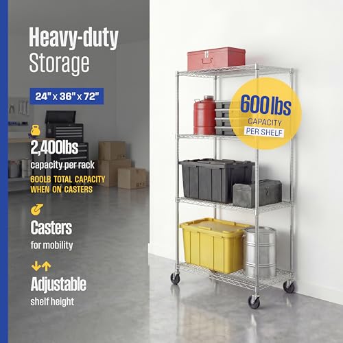 SafeRacks NSF 4-Tier Heavy Duty Steel Wire Rack w/Wheels (36"x24"x72") - color: Silver, size: 24"x36"x72" 4-Tier