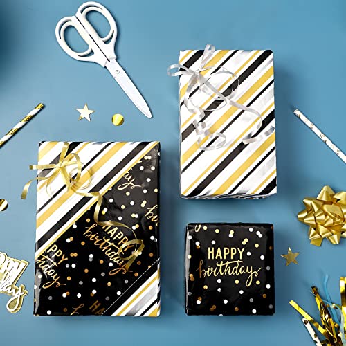 LeZakaa Reversible Black Birthday Wrapping Paper Roll for Boys Men, Happy Birthday Lettering & Stripe Pattern with Metallic Gold Foil in Black, Mini Roll, 17 inches x 32.8 Feet (46.45 sq.ft.) - color: Birthday - Gold Black, size: 17" X 32.8 ft