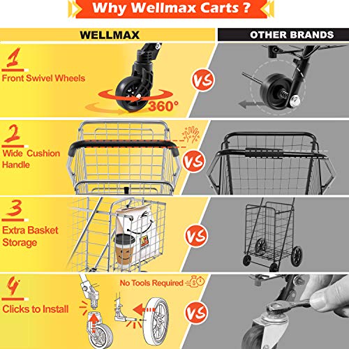 Wellmax Folding Shopping Cart for Seniors, Metal Grocery Cart, 66 lb Max - size: Large