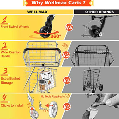 Wellmax Folding Shopping Cart for Seniors, Metal Grocery Cart, 66 lb Max - size: Large
