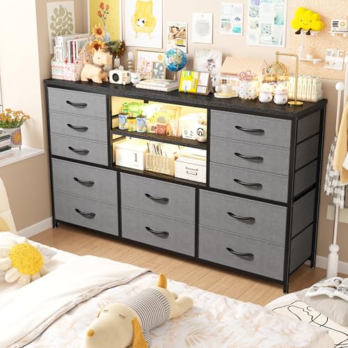 EnHomee Dresser for Bedroom with LED Lights & Charging Station - color: Grey