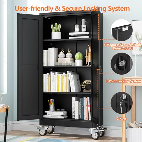 pozdeg 61" Black Lockable Rolling Metal Garage Storage Cabinet - color: Black, size: 13.78"D x 27.56"W x 61"H