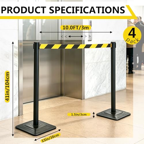 4 Pack Crowd Control Stanchions with 10FT Retractable Yellow Black Belt - color: YELLOW BLACK STRIPE BELT