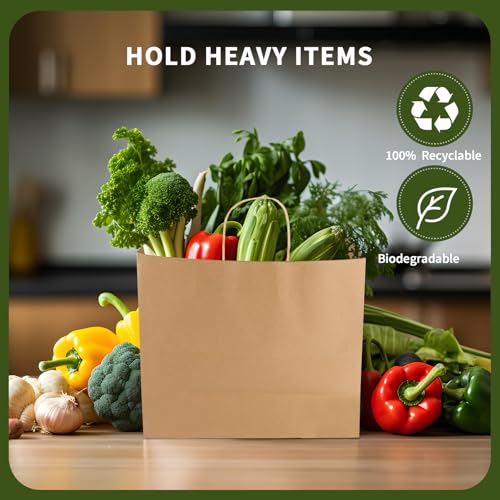 13x7x13 Inch Kraft Paper Large Gift Bags with Handles Bulk-50Pack Recyclable Sturdy Brown Paper Bags for Business, Merchandise, Gifts Bags, Shopping, Retail Stores, Takeout, Birthday Party