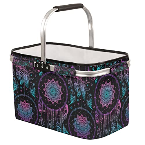 40L Large Collapsible Market Basket - Aluminum Frame | Poly Fabric | Convenient Fold Flat Design | Reusable Space-Saving Shopping Tote, Gift, Beach, Picnic Basket - color: Moon