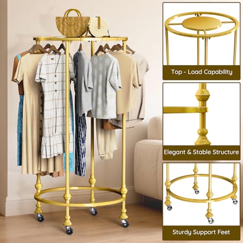 Rolling Round Garment Rack, Gold Clothing Rack with Wheels and Topper - color: Gold