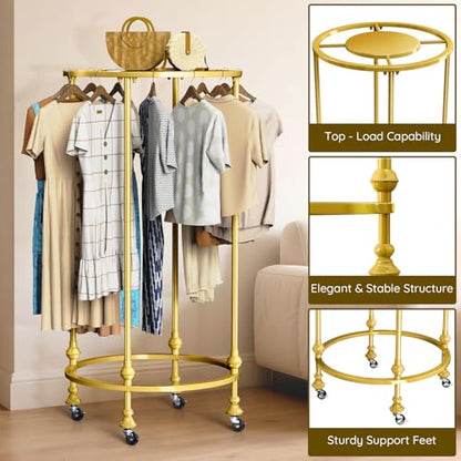 Rolling Round Garment Rack, Gold Clothing Rack with Wheels and Topper - color: Gold