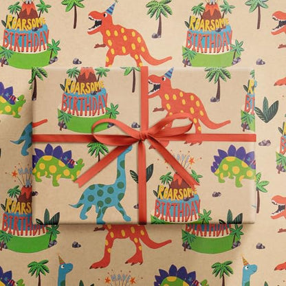 RUSPEPA Dinosaur Wrapping Paper Birthday Boy, Mini Roll, Kraft Wrapping Paper with Dinosaur and Cakes Pattern Designs, Gift Wrap for Kids, Birthday, Party and Holiday, 17 in x 16.4 ft - color: Dinosaur and Cake, size: 17 in x 16.4 ft
