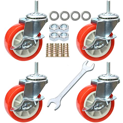 Caster Wheels, Heavy Duty Casters Threaded Stem Casters No Noise Swivel Casters Locking Castor Wheels for Funiture, Workbench, Carts (3 Inch, Imperial Size 5/16''-18×25mm) - style: 5/16''-18×25mm-Red