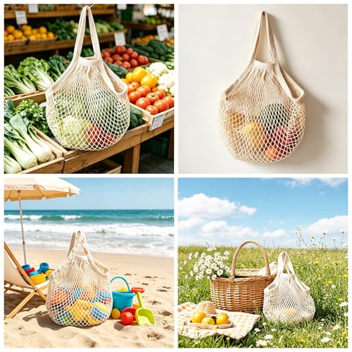 Ahyuan Reusable Cotton Mesh Grocery Bags Cotton String Bag Net Shopping Mesh Bags Pack of 3 (Beige)