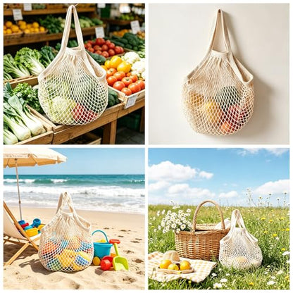 Ahyuan Reusable Cotton Mesh Grocery Bags Cotton String Bag Net Shopping Mesh Bags Pack of 3 (Beige)