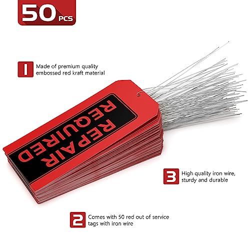 Repair Required Tags (Pack of 50) Red Repair Tags with Wires Attached,Maintenance Repair Label Tags with Wire