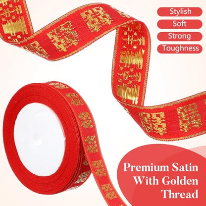 SHINEOFI Wedding Decorative Ribbon 1 Inch Red Double Happiness Chinese Character Ribbon for Wrapping Party Wedding and Festive Packaging
