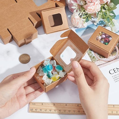 BENECREAT 48 Packs 2.17x2.17x0.98 Inch Brown Kraft Paper Box with Clear Windows Foldable Paper Gift Box Goodies Candy Box Dessert Box for Party Wedding Bakery Packaging - size: 2.17 x 2.17 x 0.98 inch (Pack of 48)