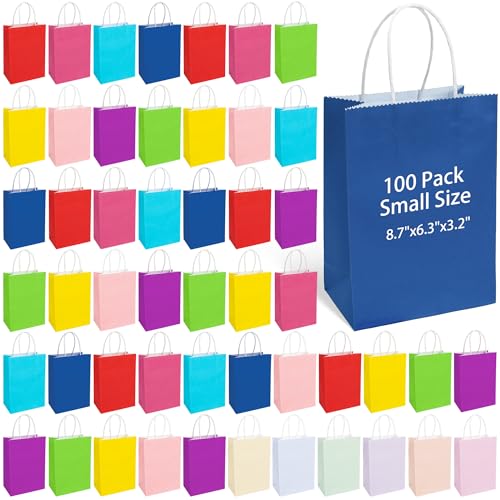 BLEWINDZ 100Pcs Small Paper Gift Bags with Handles 8.7x6.3x3.2 In