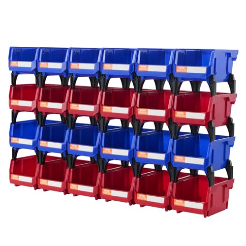 VEVOR Plastic Storage Bins 24 Pack (5 x 4 x 3-Inch), Hanging Stackable Storage Organizer Bins, Heavy Duty Stacking Containers for Closet, Garage, Office, or Small Parts Organization - style: Red&Blue-24PC-1L