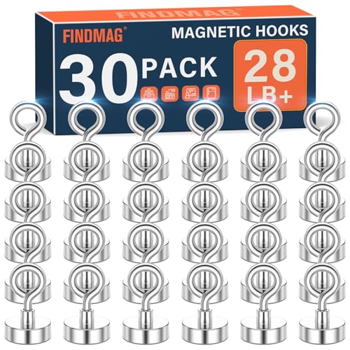 FINDMAG Magnet Hooks, 28LB+ Magnetic Hooks for Cruise Cabins 30 Pcs Silver - size: 0.63in