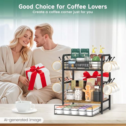EsLuker.ly Coffee Bar Organizer Station Shelf Mug Holder, with 12 Hooks - color: Wood Brown+Black