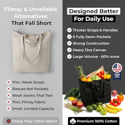 VeraMia Canvas Grocery Bag 3pc XL Set with Real Pockets, Long Shoulder Strap and Short Handle. Heavy Duty, Foldable, Washable - color: Black