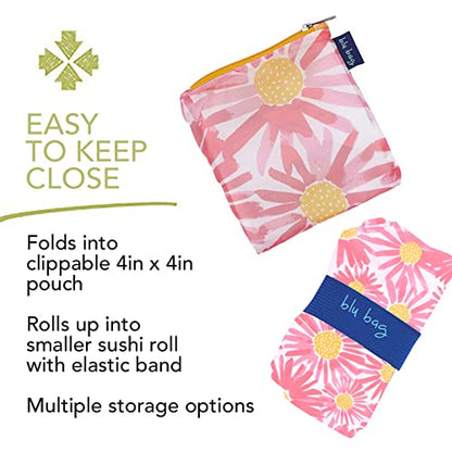 rockflowerpaper Reusable Grocery Bags - Washable, Foldable, Packable Tote, Large Handles, Heavy Duty, Zippered Top Pouch - color: Daisies