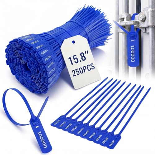 Novabright 250 Pcs Pull Tight Security Seals, 15.8 Inch Numbered Tamper Evident Plastic Seals with Metal Locking Insert, Self-Locking Security Tags for Truck Trailer Container Cargo Warehouse(Blue) - color: Blue