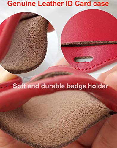 ID Card Case + Heavy Duty Lanyard (Red)+ Badge Holder Retractable Reel Carabiner and Plastic Clip (Soft Genuine Leather Case) - color: Red