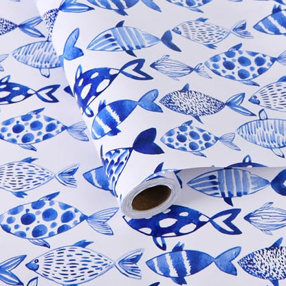 Sikiweiter Blue Fish Wrapping Paper - 17" x 33 Feet - Watercolor Marine Ocean Sea Life Print Gift Wrap - color: Blue Fish