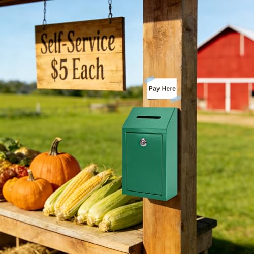 KYODOLED Cash Box for Farm Stand, Money Drop Box with Lock & Slot, Green - color: Green, size: 10.24 x 5.7 x 2.95 Inch