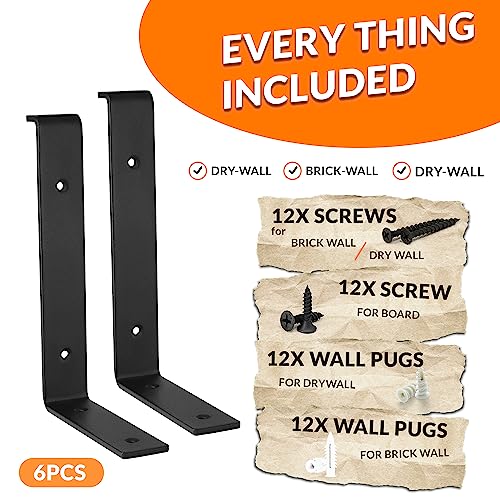 BATODA 10” Shelf Brackets with Lip (Match 9.25" Board) - 6 Pcs Z Shelf Bracket Black - Heavy Duty Hook Brackets for Shelves - Wall Mounted Support for DIY - Shelving Hardware Included (Pack 6) - size: 9.25 Inch
