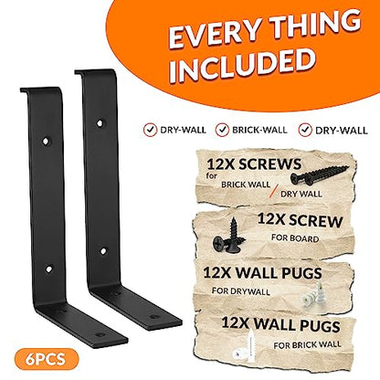 BATODA 10” Shelf Brackets with Lip (Match 9.25" Board) - 6 Pcs Z Shelf Bracket Black - Heavy Duty Hook Brackets for Shelves - Wall Mounted Support for DIY - Shelving Hardware Included (Pack 6) - size: 9.25 Inch
