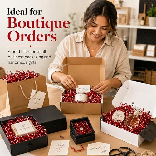 STRBOXONG Double-Sided Red Crinkle Paper Filler 1 LB, Recyclable Crinkle Cut Paper Shred for Gift Baskets, Holiday Gift Boxes, Gift Bags, Party Favors, Wedding Favors and Retail Displays - color: Double-Sided Red