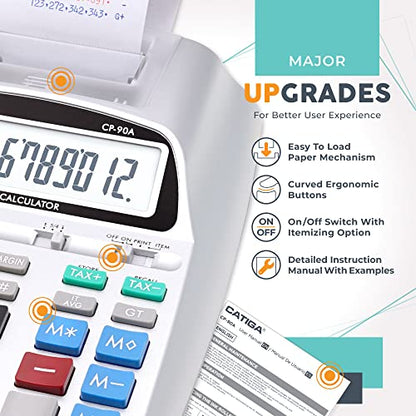 CATIGA Printing Calculator with Tape Print Out - 10 Key Adding Machine with Paper Roll, Desktop Electric Calculator for Accounting, Business, Finance, Home Office Use CP90A - color: 3) Silver Pro