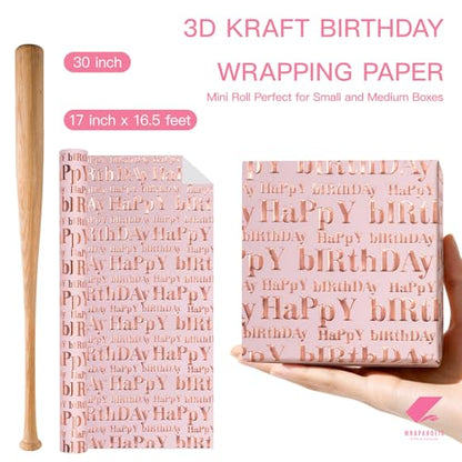 WRAPAHOLIC 3D Kraft Birthday Wrapping Paper Roll - Mini Roll - 17 Inch x 16.5 Feet - Rose Gold and Pink Happy Birthday Wrapping Paper with Embossed Perfect for Holiday, Party Celebration - color: Pink & Rose Gold Happy Birthday, size: 17 inch x 16.5 feet