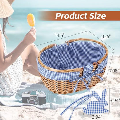 G GOOD GAIN Wicker Picnic Basket with Double Folding Handles,Willow Picnic Hamper,Natural Hand Woven Easter Basket,Easter Eggs and Candy Basket,Bath Storage,Gift Packing Basket.Blue - color: Blue