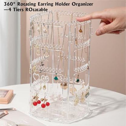 360° Rotating Jewellery Stand Organiser, Clear Display Earring Holder, 4 Tiers Jewellery Stand Necklace Stand Jewelry Dangle Earring Necklace Bracelet Display Rack Stand for Storage