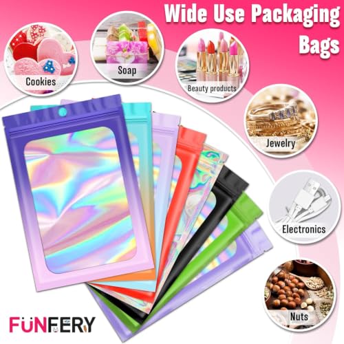 Funfery 300Pack 3Size Mylar Holographic Bags with Clear Window,Light Yellow - color: Light Yellow, size: 3x4.7+4x6+4.7x7.9 Inch