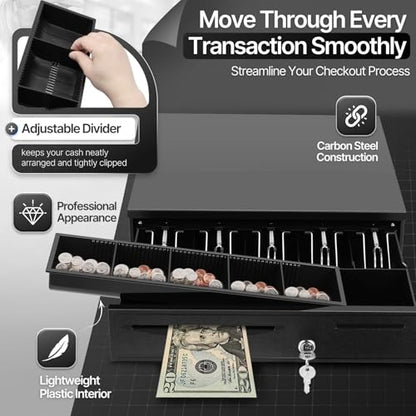 Flexzion 16-Inch Cash Drawer for Small Businesses, 5 Bill/5 Coin, Black
