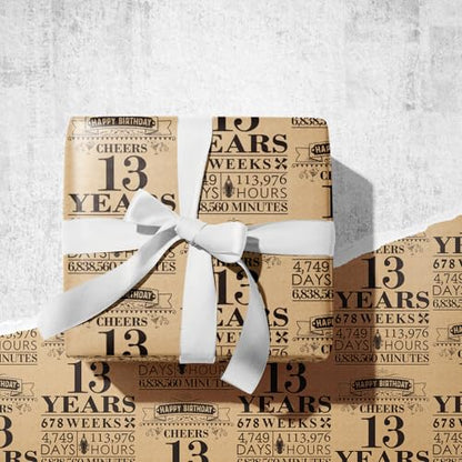RUSPEPA Birthday Wrapping Paper Roll, Mini Roll, Black 13 Years Design Kraft Gift Wrap Paper Great for Birthday, Party, Holiday, 17 inches x 16.4 feet, 13th Birthday - color: 13th Birthday