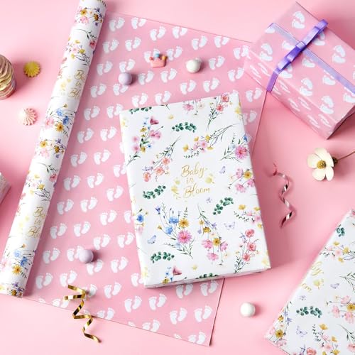 WERNNSAI Baby Wrapping Paper Girl - 16.4 ft Baby Shower Wrapping Paper - color: Girl Baby Floral