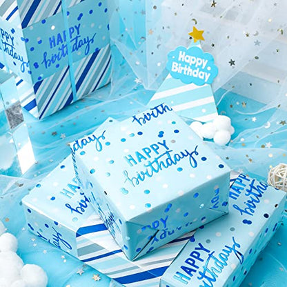 LeZakaa Reversible Blue Birthday Wrapping Paper Roll for Boys Men, Happy Birthday Lettering & Stripe Pattern with Metallic Foil in Blue, Mini Roll, 17 inches x 9.8 Feet - color: Birthday - Metallic Blue, size: 17" X 9.8 ft