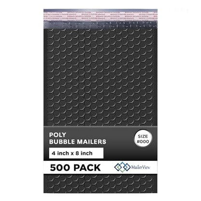 Jet Black Bubble Mailers 4x8, Poly Padded Envelopes #000, 500 Pack - color: Jet Black, size: 4"x8" / 500 Pack
