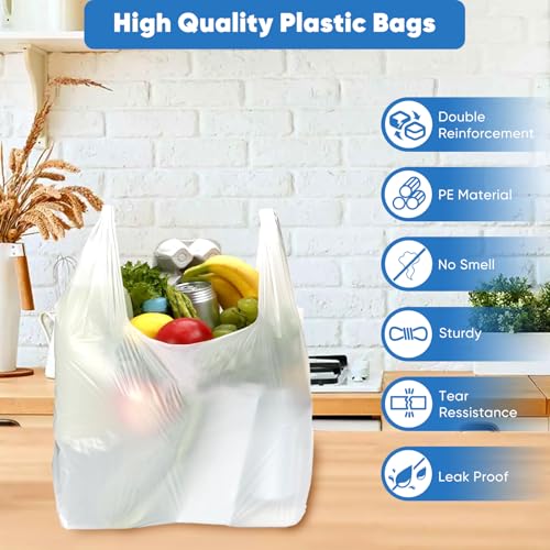 Plastic Bags, (11.5”x 6.5" x 21”)(200Pack) White Plastic Shopping Bags with Handles for Small Business Grocery T Shirt Bag Reusable and Disposable, in Bulk - size: 4 Gallon / 200 Count