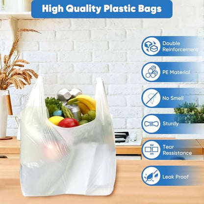 Plastic Bags, (11.5”x 6.5" x 21”)(200Pack) White Plastic Shopping Bags with Handles for Small Business Grocery T Shirt Bag Reusable and Disposable, in Bulk - size: 4 Gallon / 200 Count