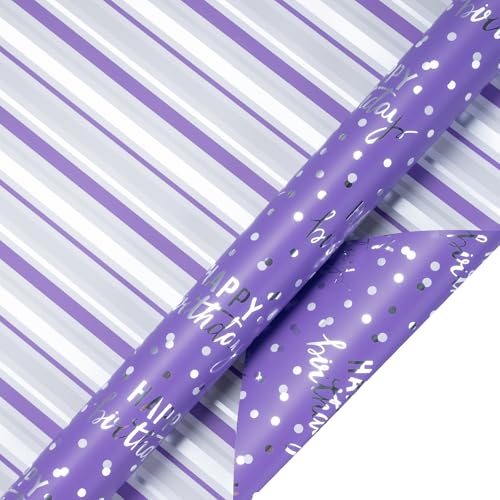 LeZakaa Purple Birthday Wrapping Paper Roll for Girls Women, Happy Birthday Lettering & Stripe Reversible, Metallic Foil, Large Roll, 30 inches x 32.8 Feet (92.9 sq.ft.) - color: Birthday - Purple, size: 30" X 32.8 ft