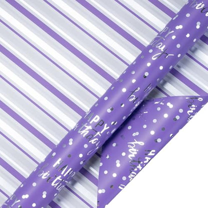 LeZakaa Purple Birthday Wrapping Paper Roll for Girls Women, Happy Birthday Lettering & Stripe Reversible, Metallic Foil, Large Roll, 30 inches x 32.8 Feet (92.9 sq.ft.) - color: Birthday - Purple, size: 30" X 32.8 ft