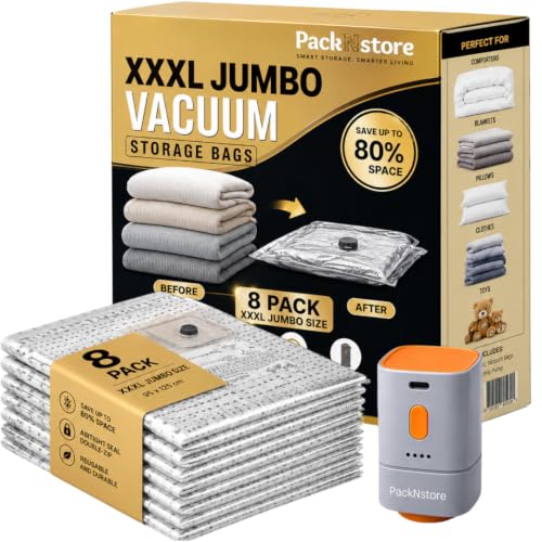 Vacuum Storage Bags Jumbo XXXL 8 Pack (37.5×49.2 In) with Electric Pump, Thick Space Saver Bags, Double Zipper Airtight Seal, Reusable Vacuum Compression Bags for Clothes, Bedding, Comforters Pillows - style: 8 PK-XXXL