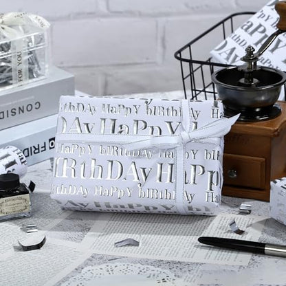 WRAPAHOLIC 3D Kraft Birthday Wrapping Paper Roll - Mini Roll - 17 Inch x 16.5 Feet - Silver and White Happy Birthday Lettering Design with Embossed Perfect for Holiday, Party Celebration - color: White & Silver Happy Birthday, size: 17 inch x 16.5 feet