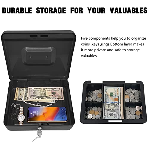 Steel Cash Box with Key Lock, Metal Small Money Organizer with Money Tray,Cash Storage Box with Lockable Cover (Black - 10 inch) - color: Black - 9.8" x 7.8" x 3.3"