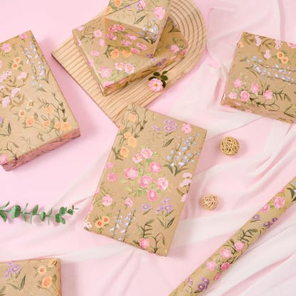 WERNNSAI Kraft Floral Wrapping Paper 17 In x 33 Ft Wild Flower Gift Wrap - color: Spring Wildflowers